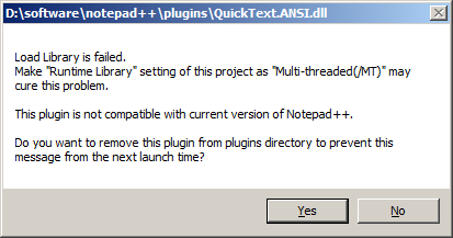 Ошибка при установке плагина QuickText в Notepad++ 6.7.4